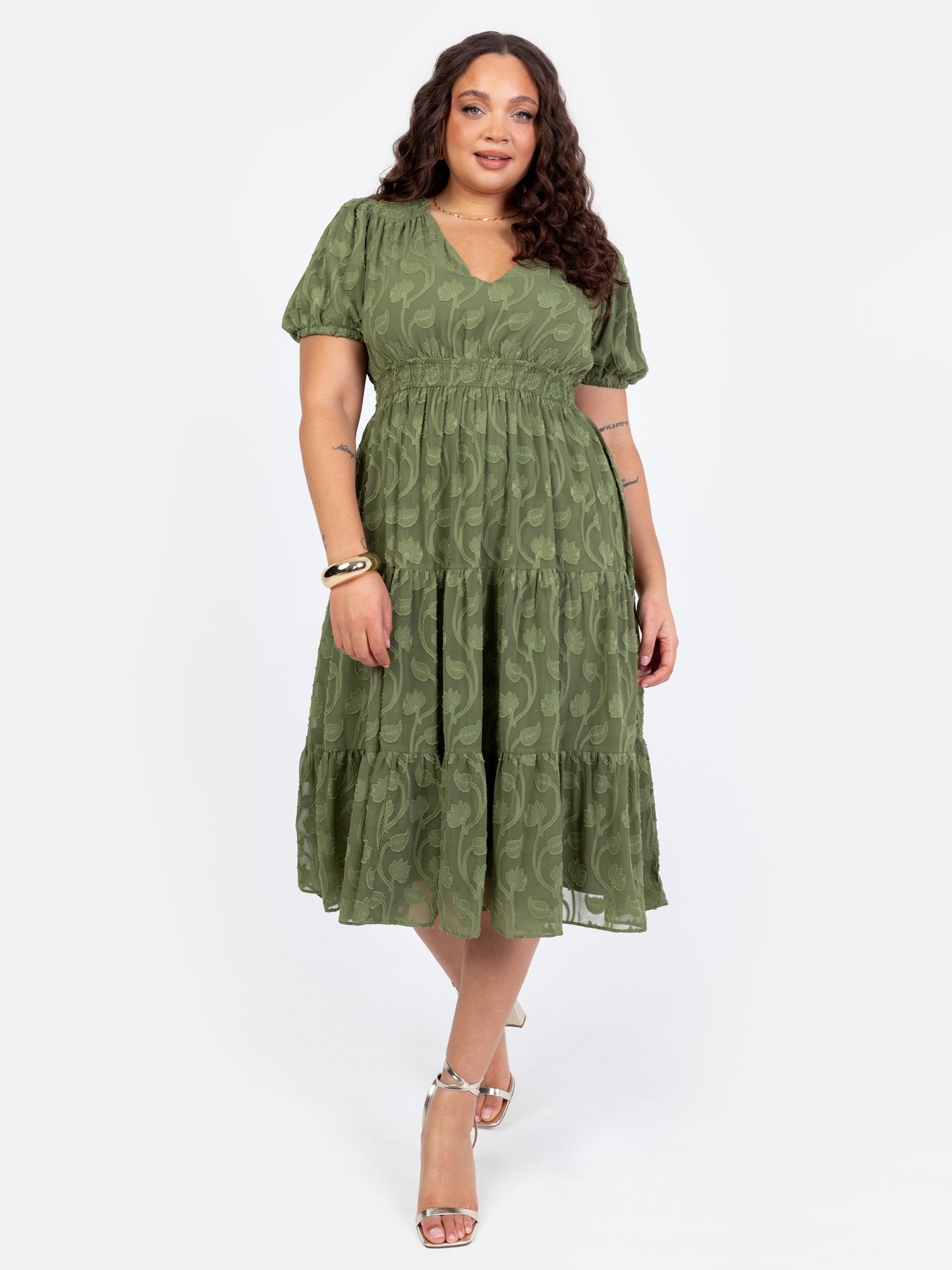 Lovedrobe Khaki Short Sleeve Floral Burnout Midi Dress