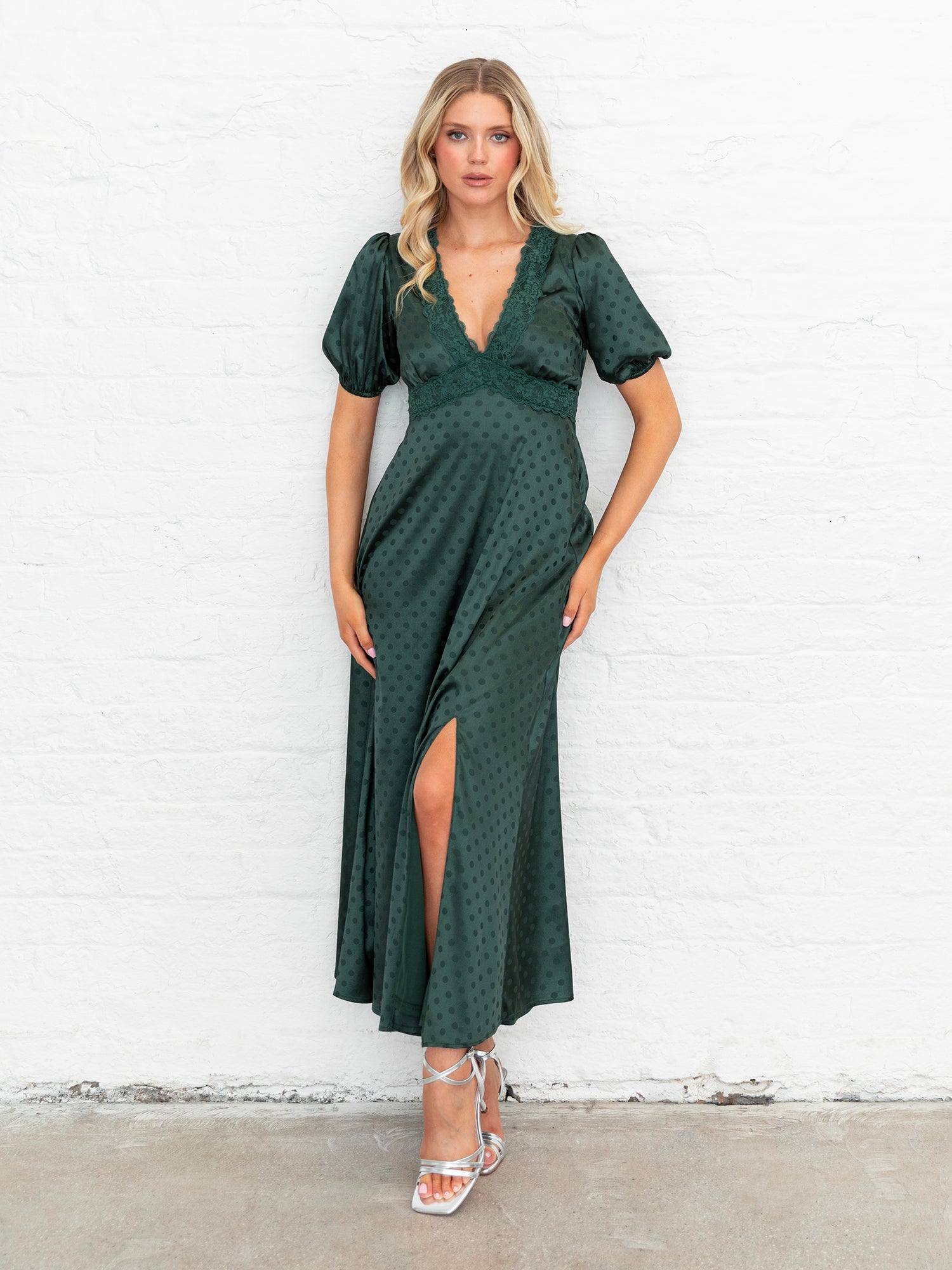 Lovedrobe Emerald Polka Dot V Neck Midaxi Dress with Lace Trim Lovedrobe Emerald Polka Dot V Neck Midaxi Dress with Lace Trim