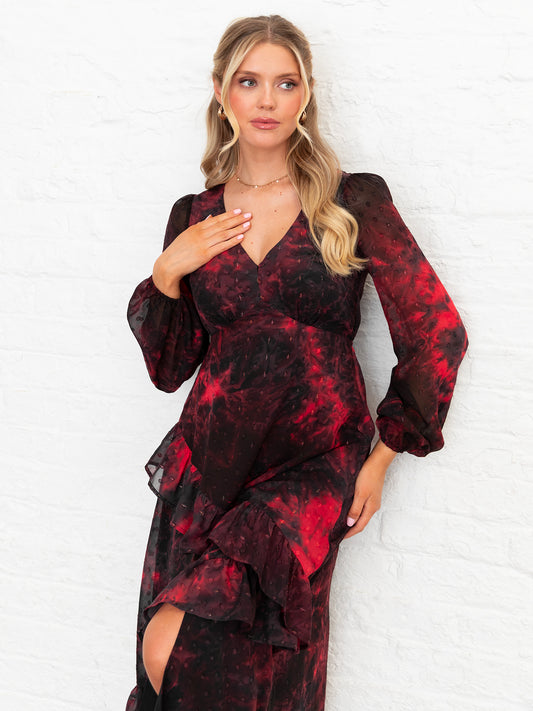 Lovedrobe Abstract V Neck Blouson Sleeve Ruffle Midaxi Dress