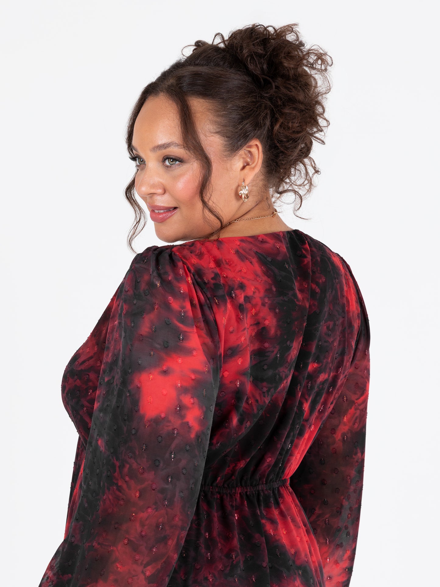 Lovedrobe Abstract V Neck Blouson Sleeve Ruffle Midaxi Dress