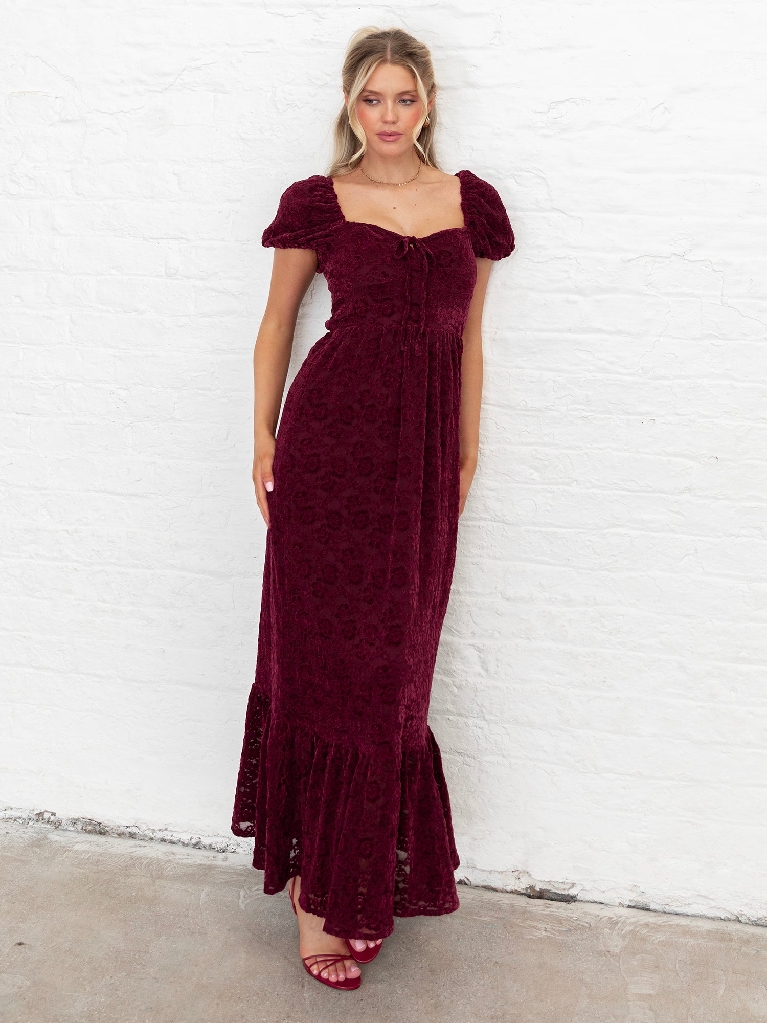 Lovedrobe Burgundy Floral Velvet Lace Square Neck Midaxi Dress Lovedrobe Burgundy Floral Velvet Lace Square Neck Midaxi Dress