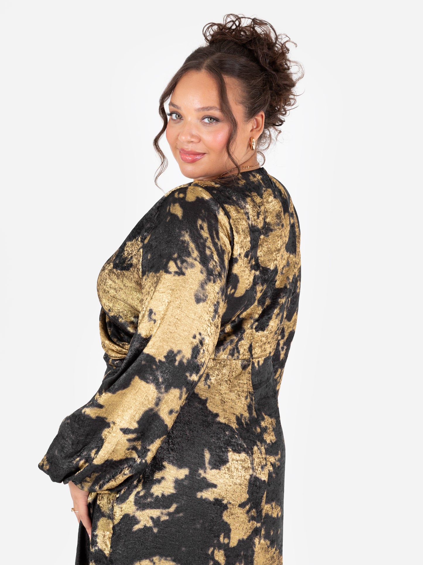 Lovedrobe Black and Gold Maxi Sleeve Faux Wrap Gathered Midaxi Dress