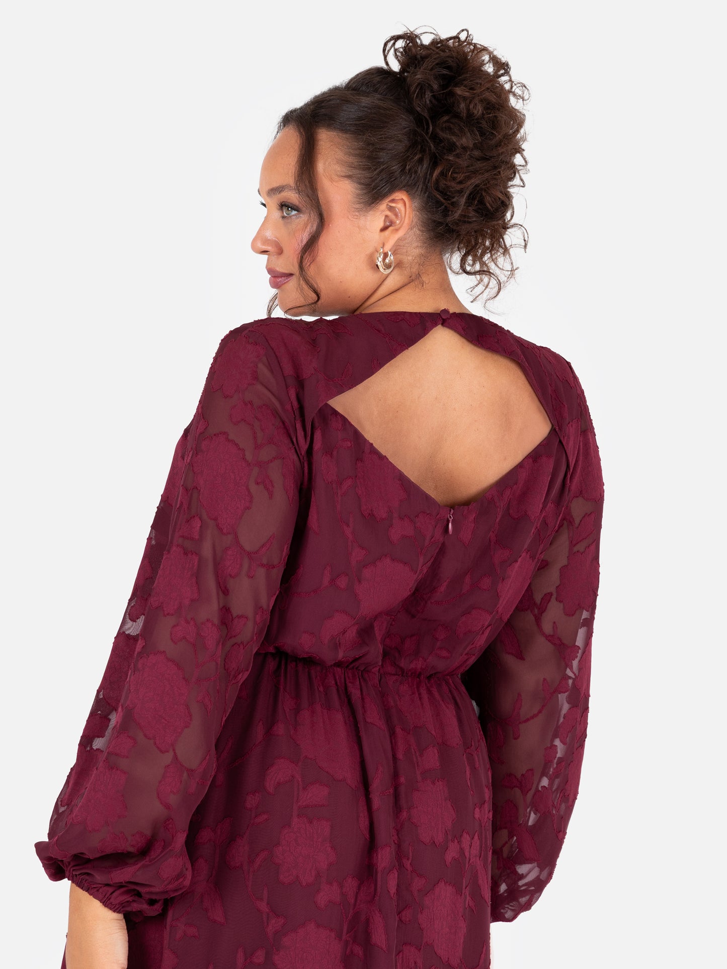 Lovedrobe Red Floral Burnout Maxi Sleeve Keyhole Back Midaxi Dress