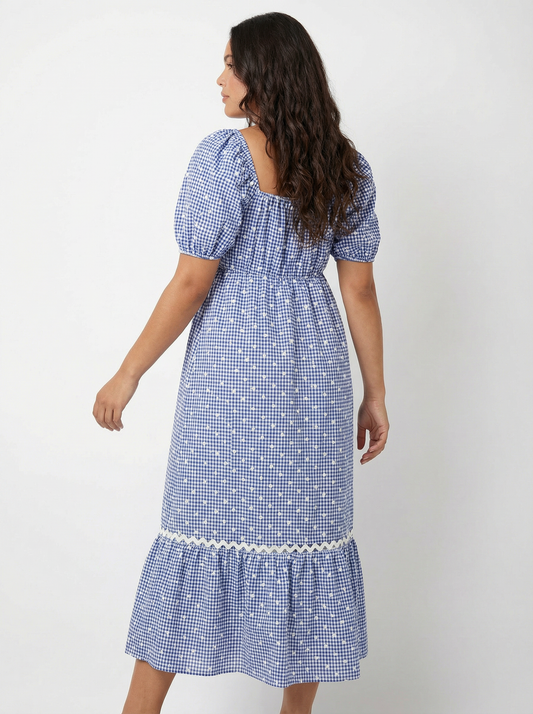 Lovedrobe Blue Gingham & Polka Dot Short Sleeve Midaxi Dress