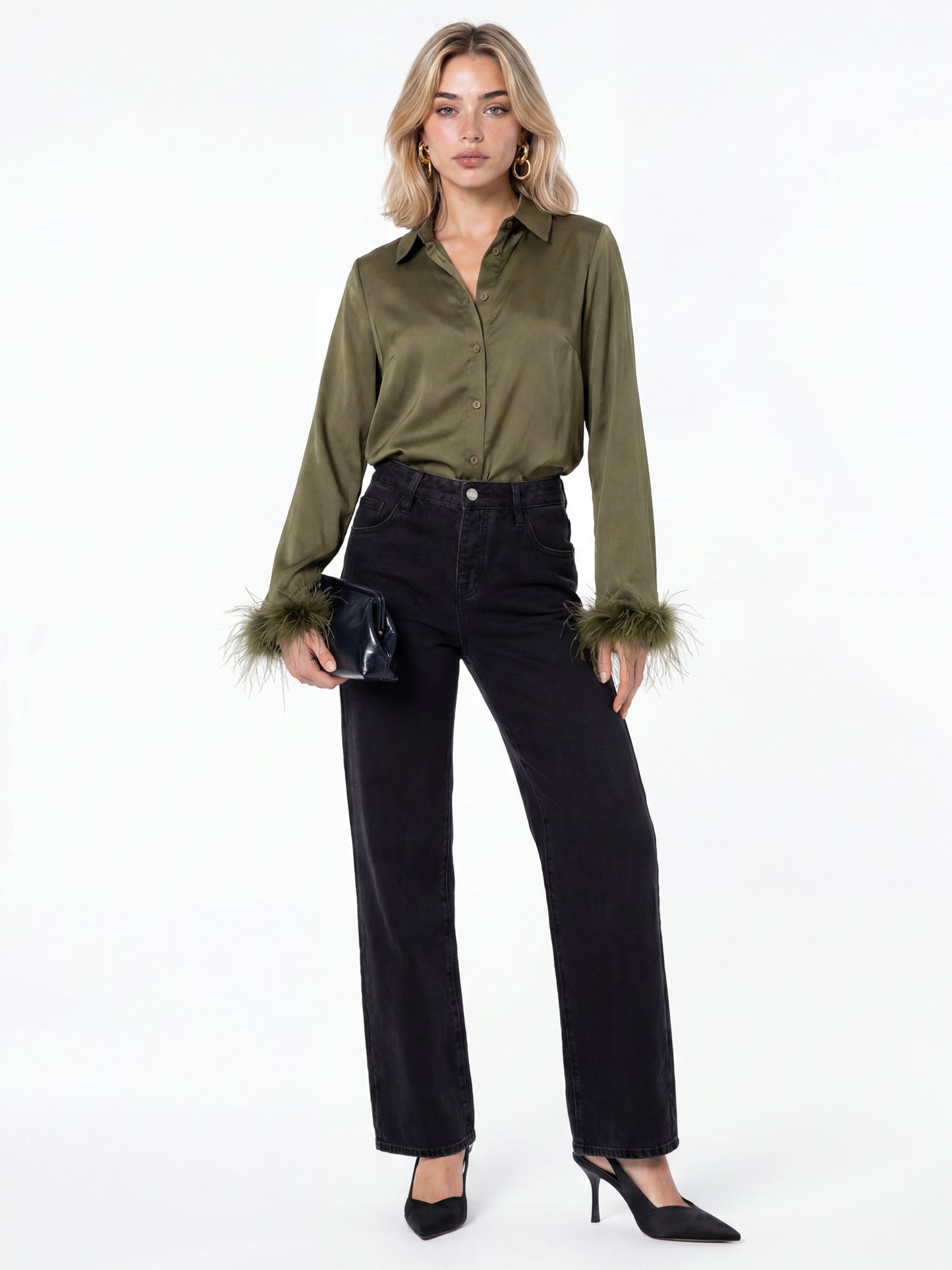 Lovedrobe Olive Satin Shirt With Feather Cuffs