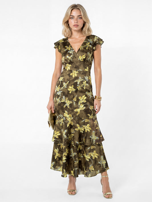 Lovedrobe Olive Floral Flutter Sleeve Tiered Midaxi Dress