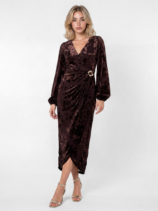 Lovedrobe Brown Floral Velvet Devore Faux Wrap Midaxi Dress