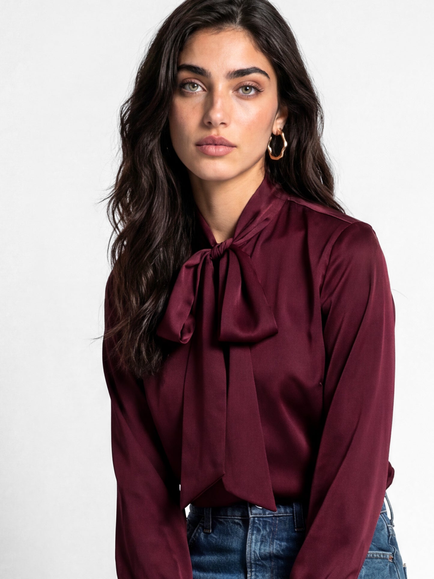 Lovedrobe Berry Pussybow Collar & Feather Cuffs Satin Blouse
