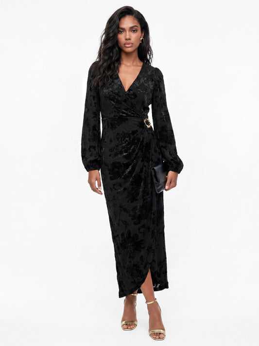 Lovedrobe Black Floral Velvet Devore Faux Wrap Midaxi Dress
