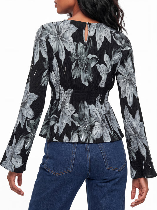 Lovedrobe Black Floral Print Bell Sleeve Plisse Top