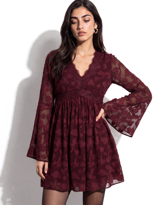 Lovedrobe Berry Floral Burnout Lace Detail Long Sleeve Mini Dress