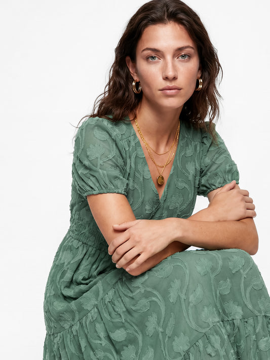 Lovedrobe Sea Green Short Sleeve Floral Burnout Midi Dress