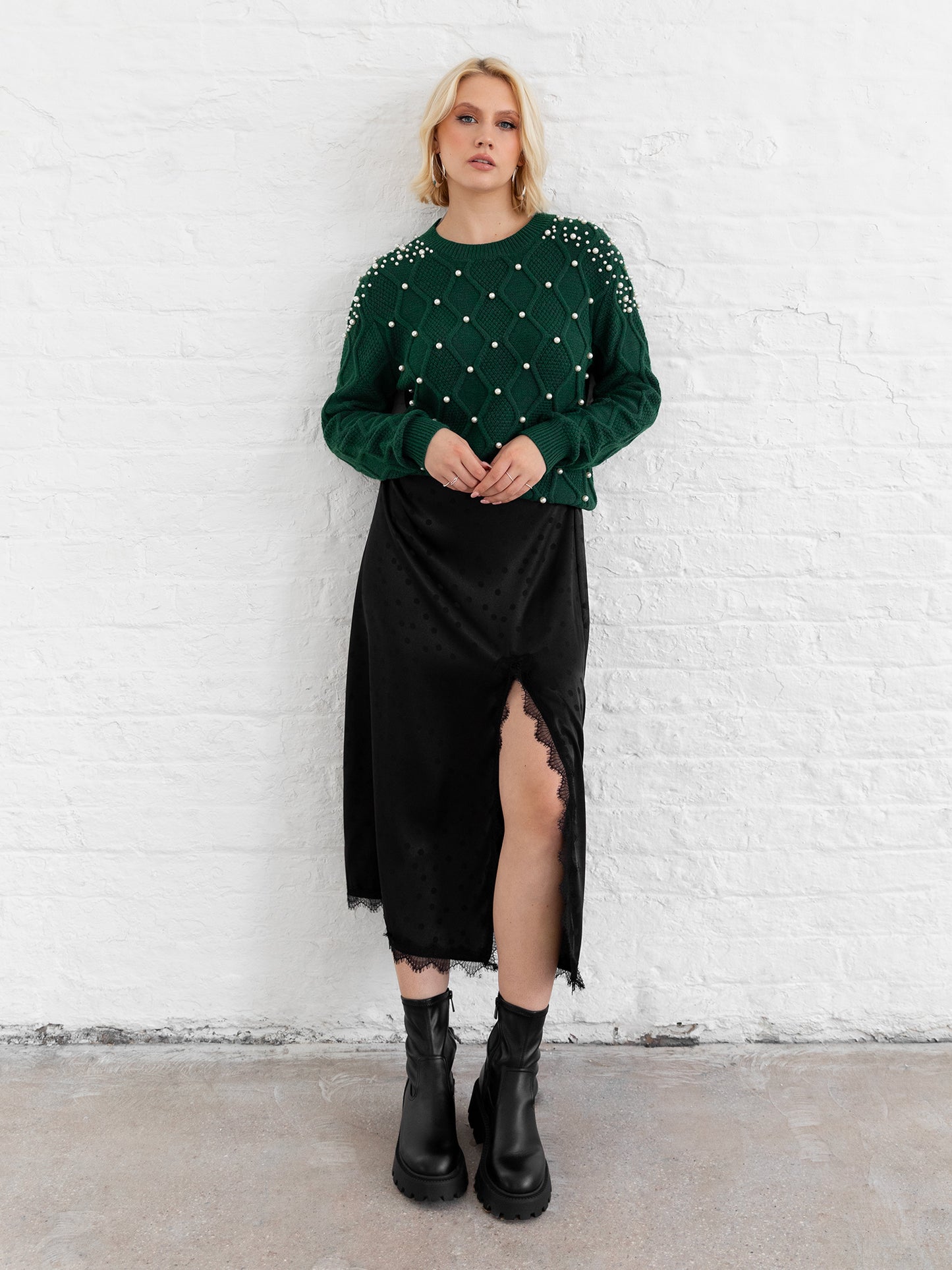 Lovedrobe Pearl Embellished Green Cable Knit Jumper