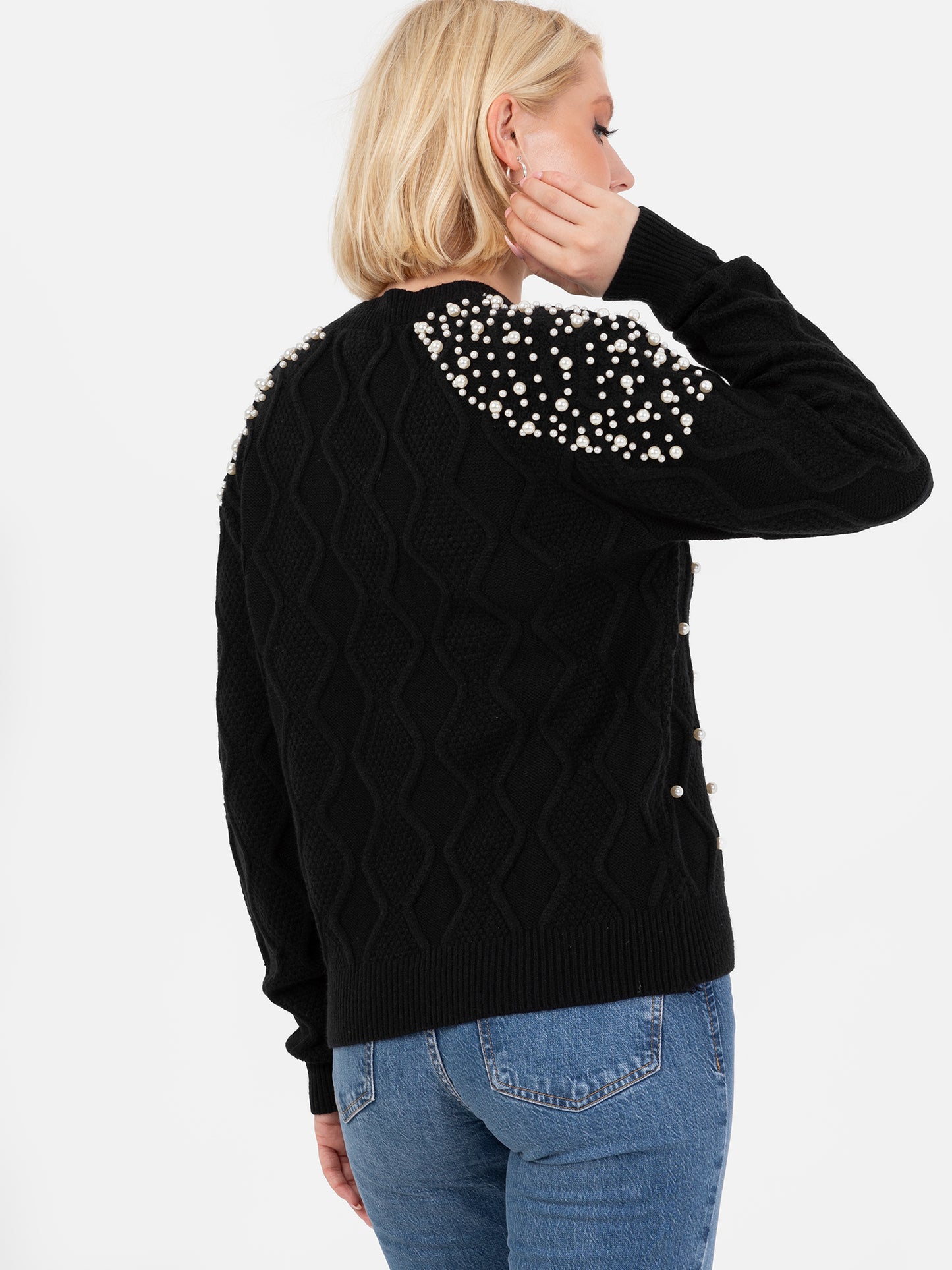 Lovedrobe Pearl Embellished Black Cable Knit Jumper