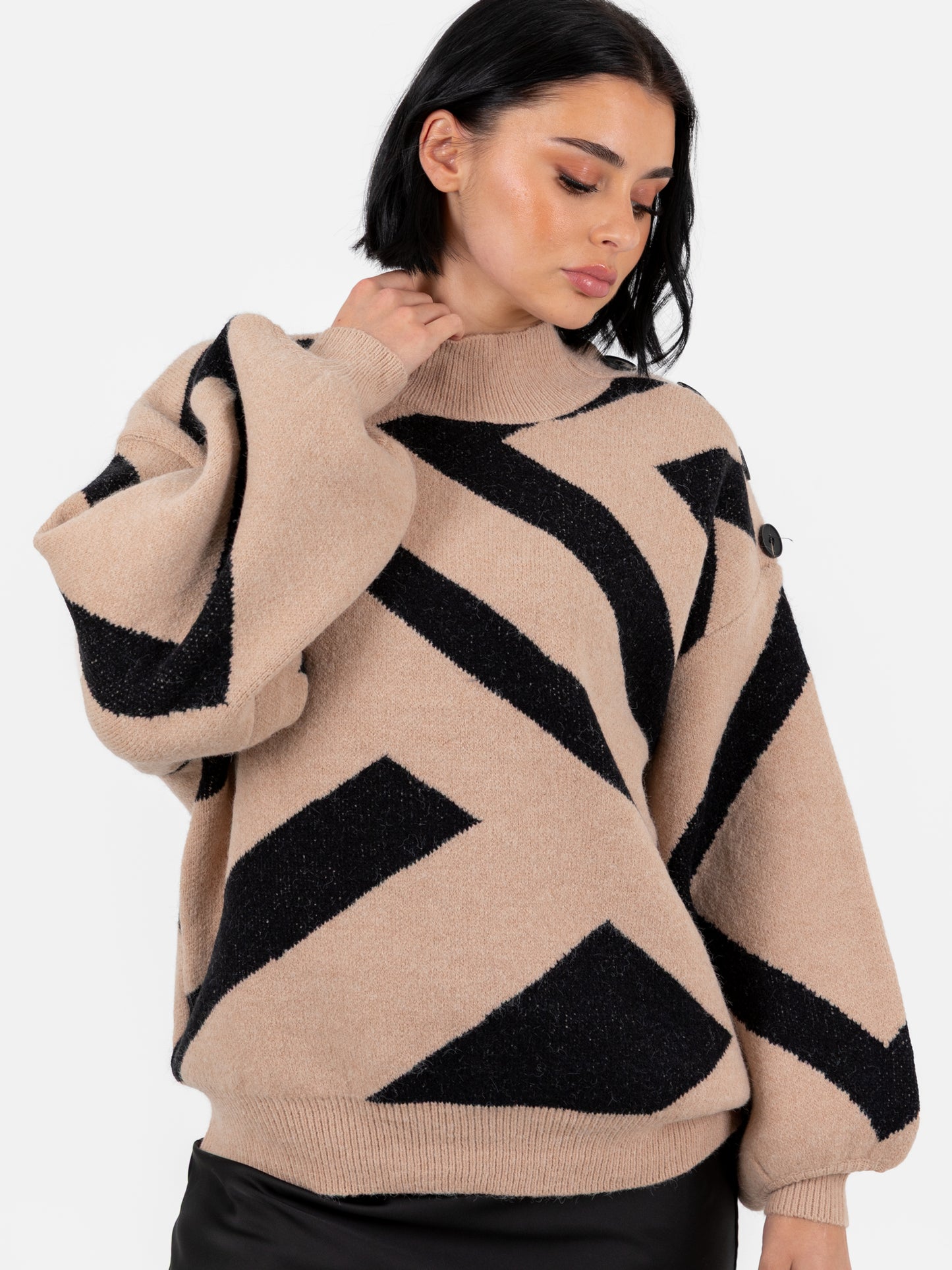 Lovedrobe Camel and Black Geometric High Neck Jumper with Button Detail