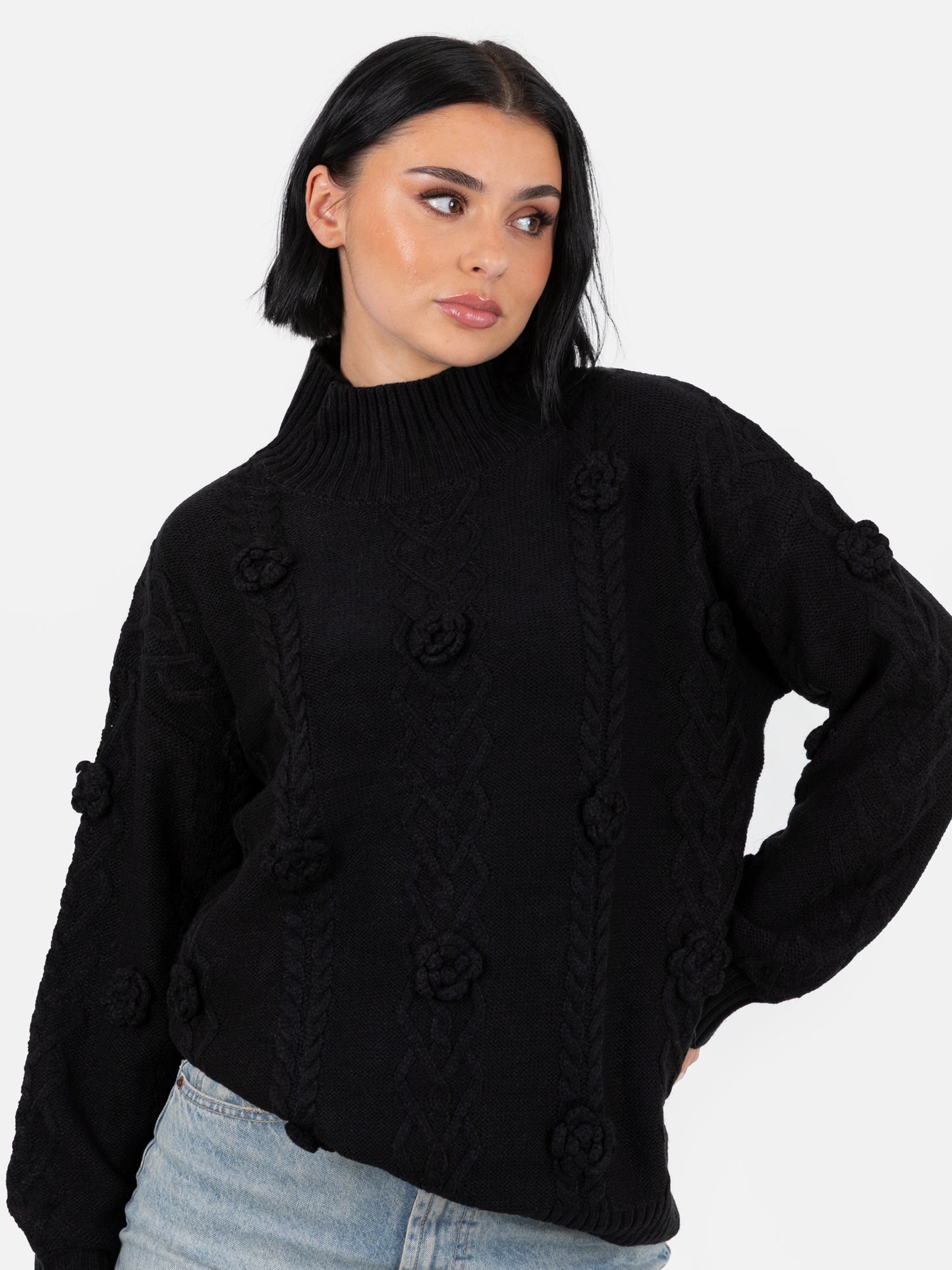 Lovedrobe Black Cable Knit High Neck Jumper with Floral Detail