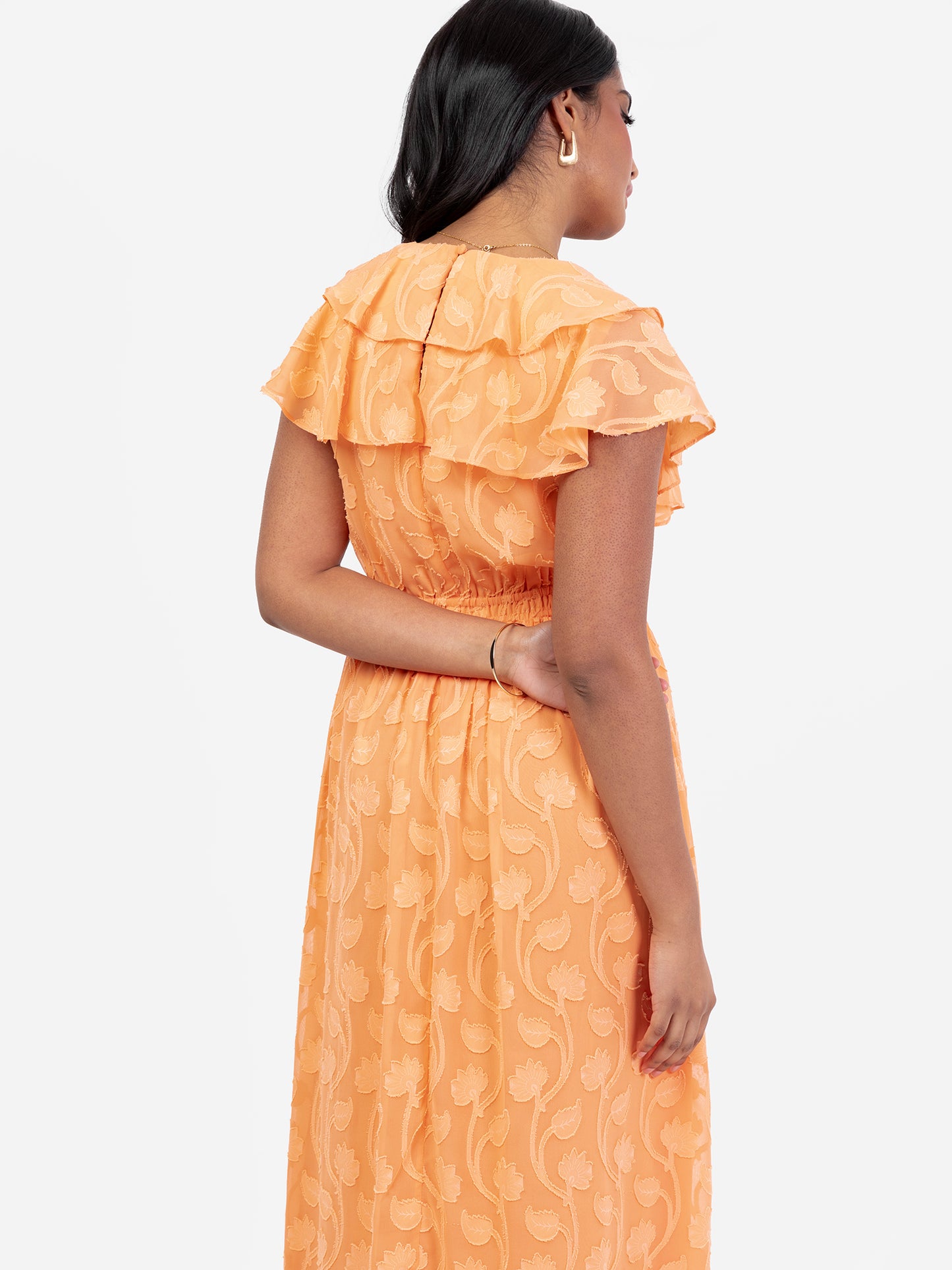 Lovedrobe Orange Ruffle V Neck Floral Burn Out Maxi Dress