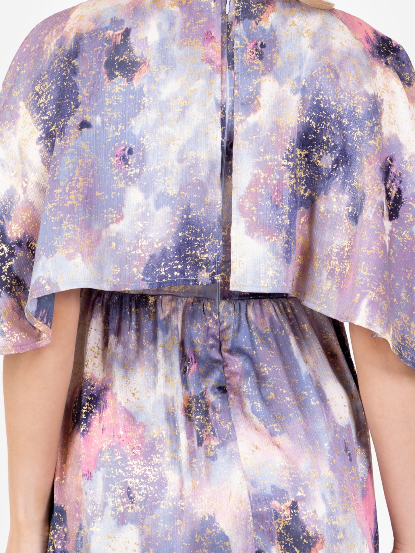 Lovedrobe Purple Cape Sleeve High-Low Tiered Dress with Metallic Detail