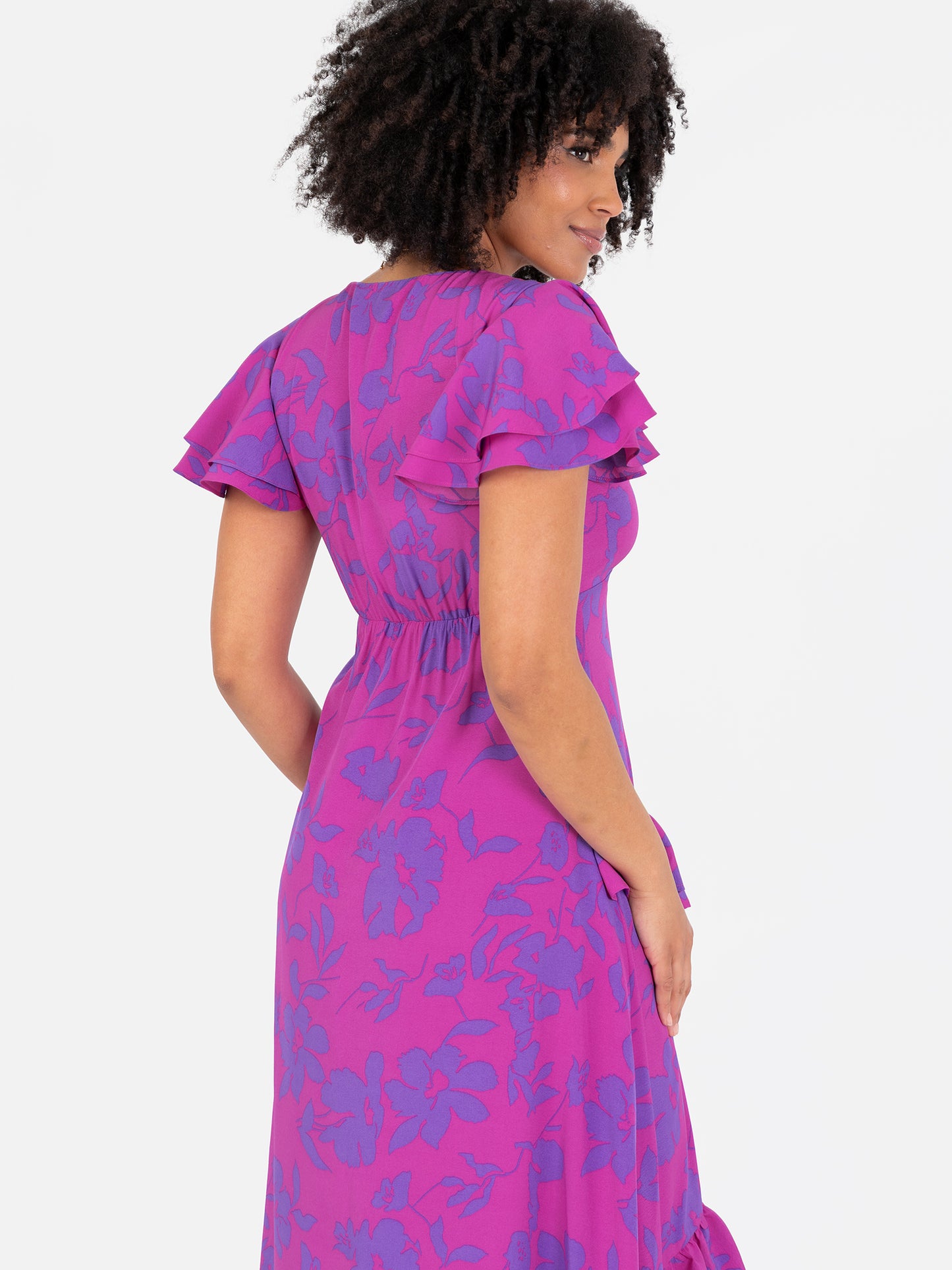 Lovedrobe Purple Floral V Neck Flutter Sleeve Midaxi Dress