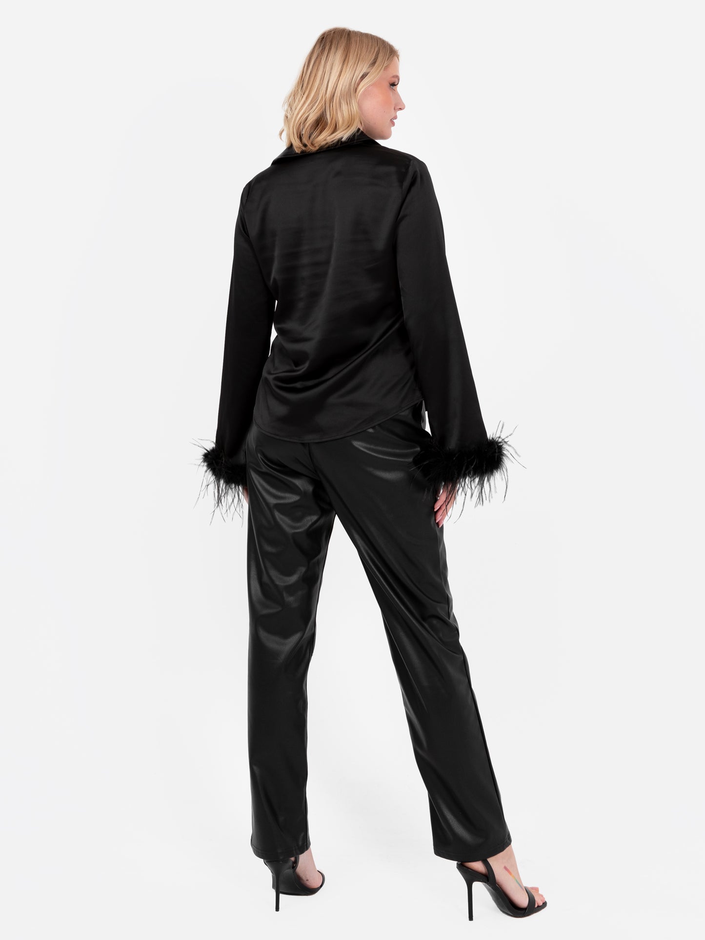 Lovedrobe Black Satin Shirt with Feather Cuffs