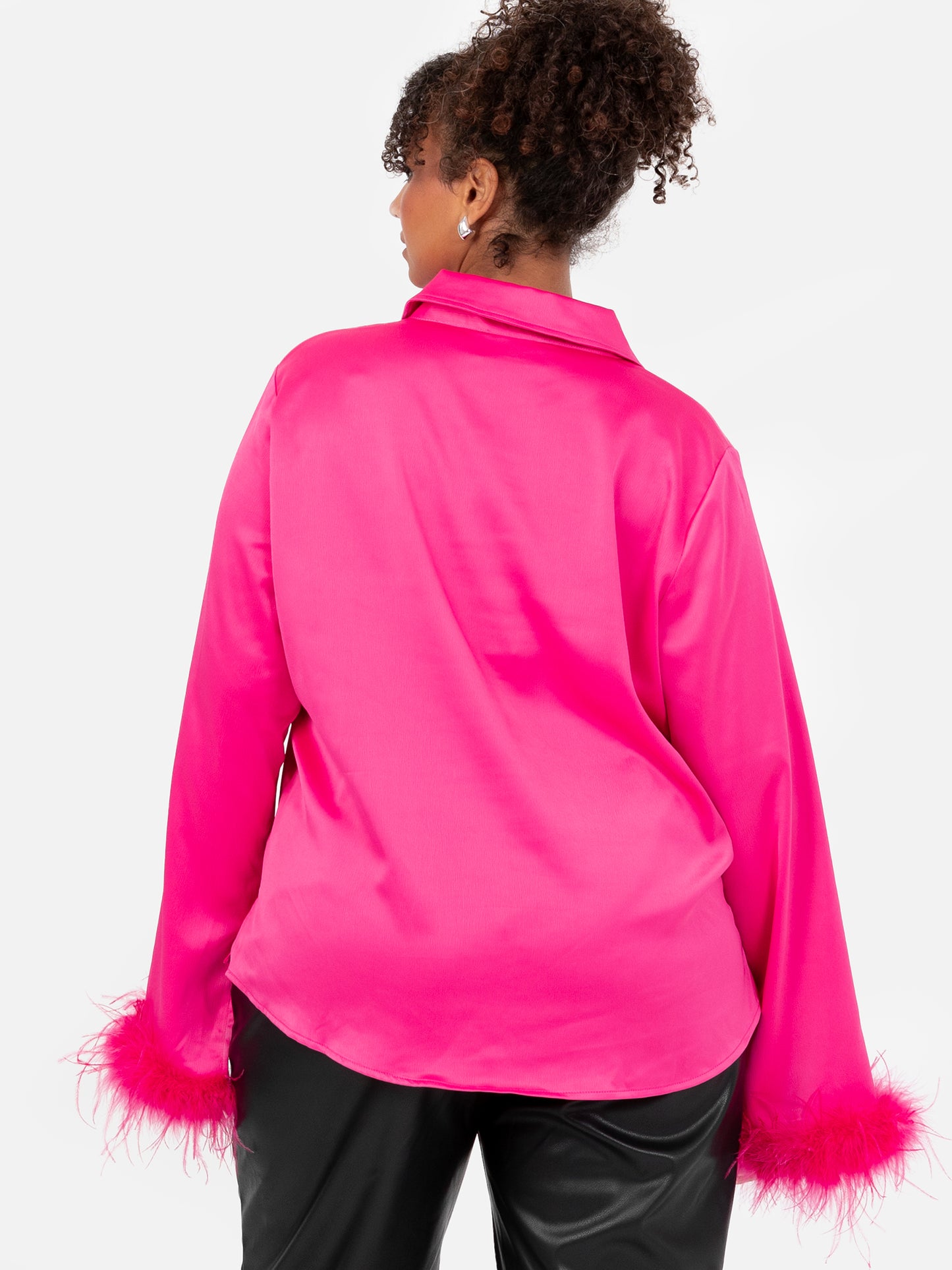 Lovedrobe Fuchsia Satin Shirt with Feather Cuffs