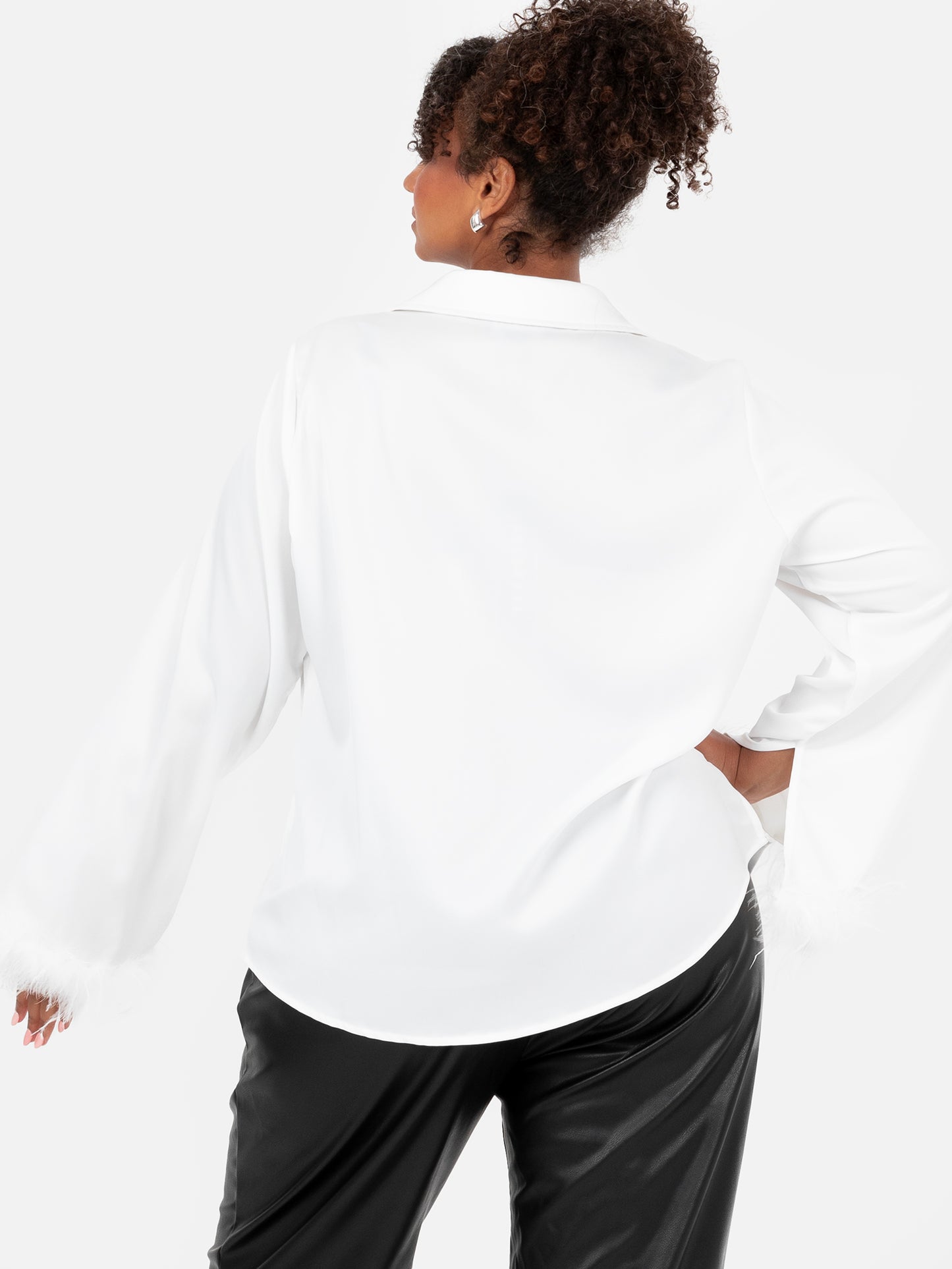Lovedrobe White Satin Shirt With Feather Cuffs