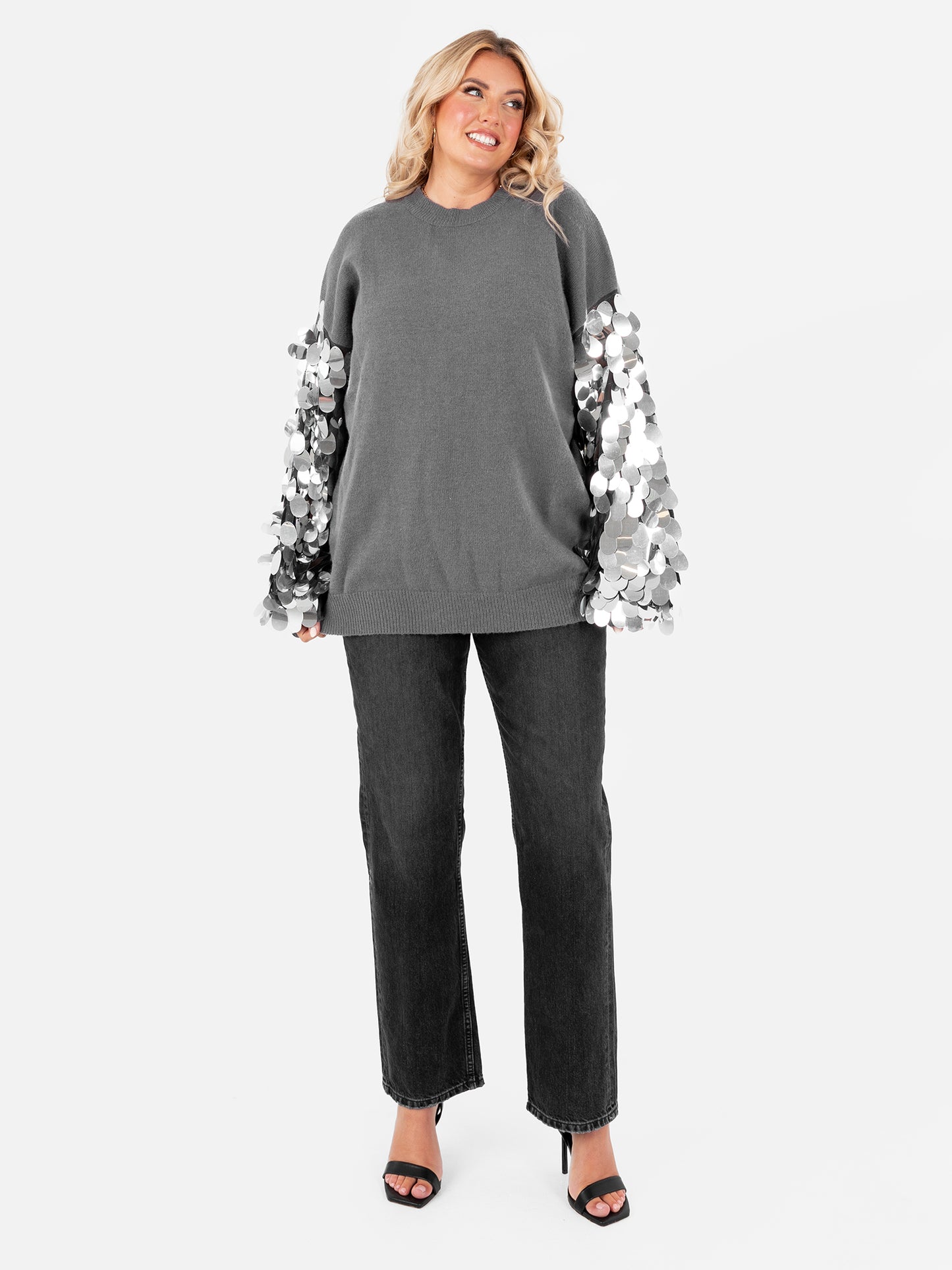 Lovedrobe Grey Sequin Sleeve Maxiline Jumper