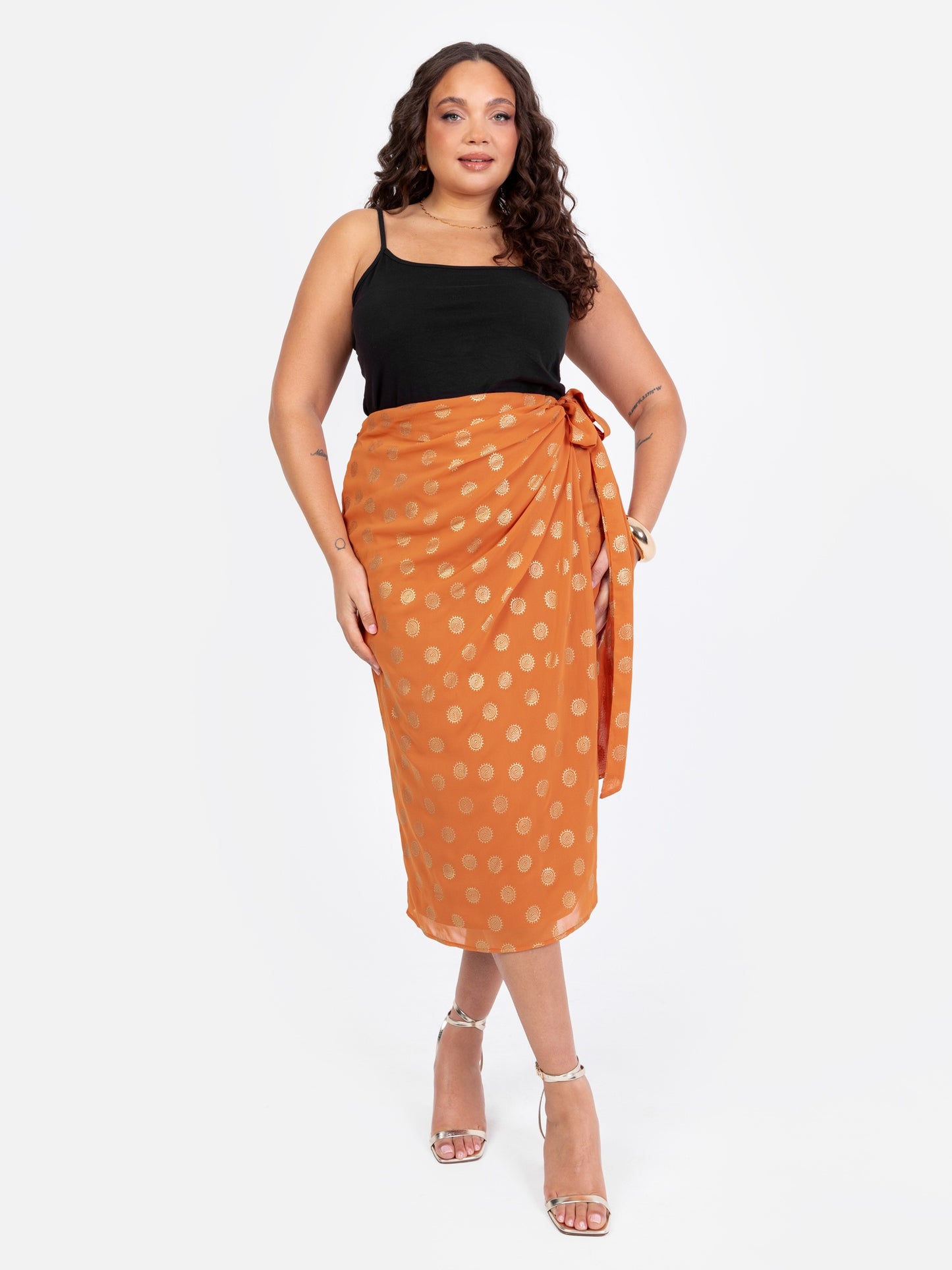Lovedrobe Metallic Detail Orange Functional Wrap Midi Skirt