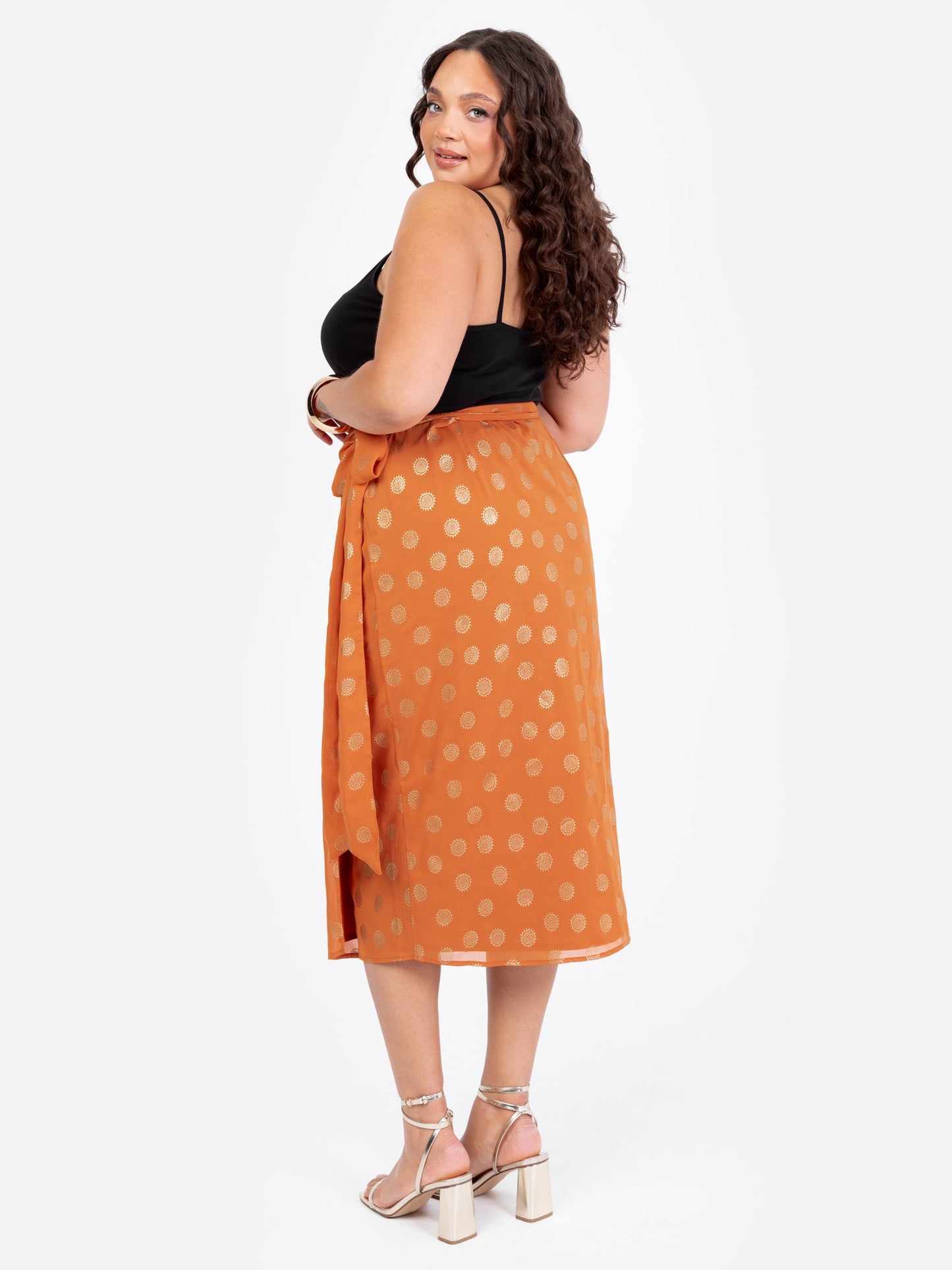 Lovedrobe Metallic Detail Orange Functional Wrap Midi Skirt