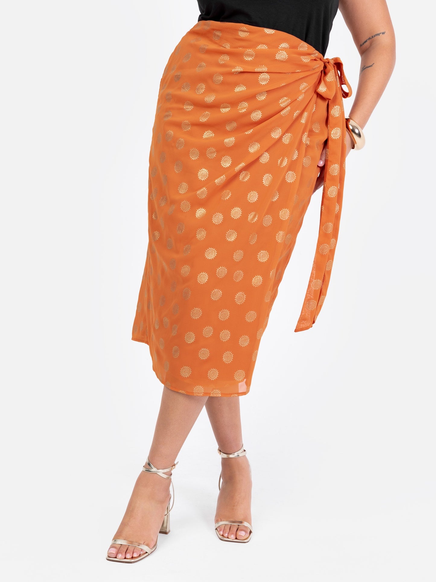 Lovedrobe Metallic Detail Orange Functional Wrap Midi Skirt