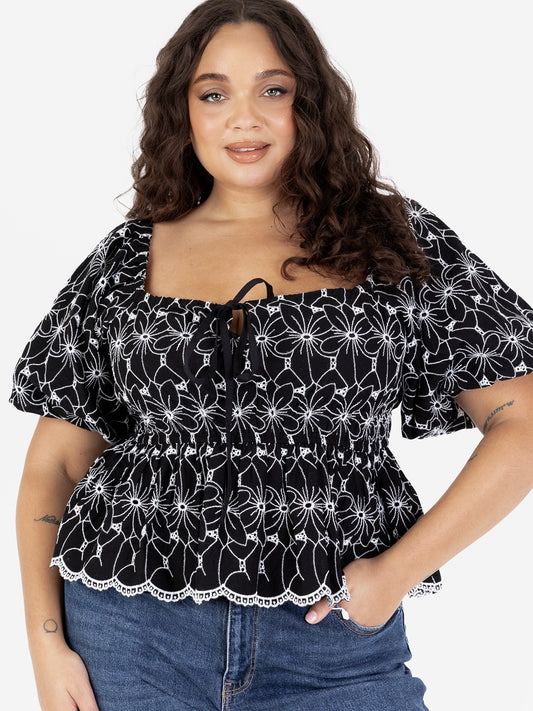 Lovedrobe Broderie Square Neck Short Puff Sleeve Peplum Top
