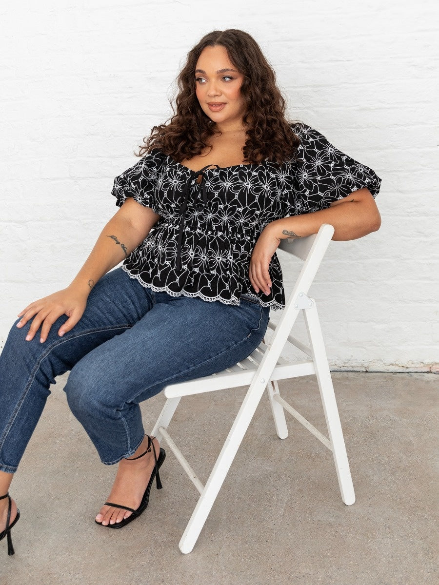 Lovedrobe Broderie Square Neck Short Puff Sleeve Peplum Top