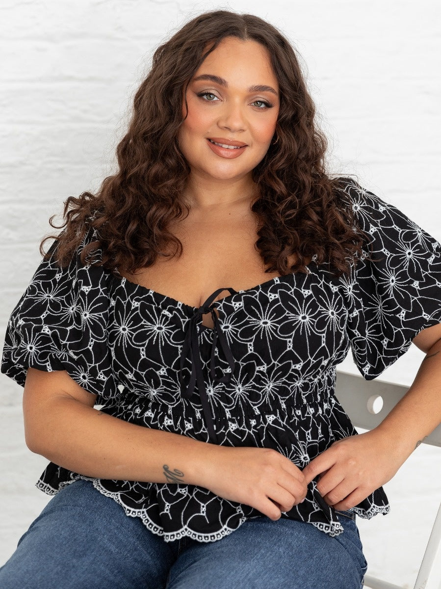 Lovedrobe Broderie Square Neck Short Puff Sleeve Peplum Top
