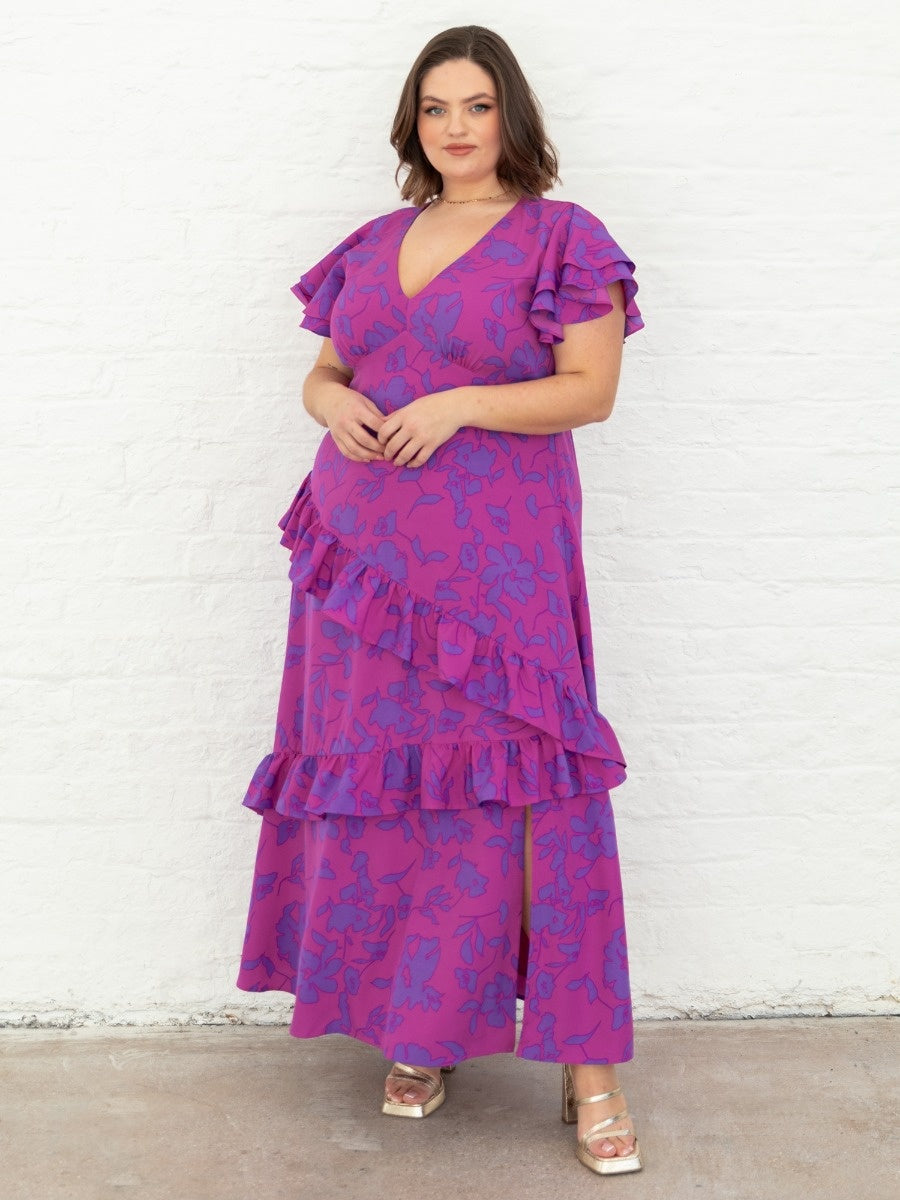 Lovedrobe Floral V Neck Flutter Sleeve Midaxi Dress