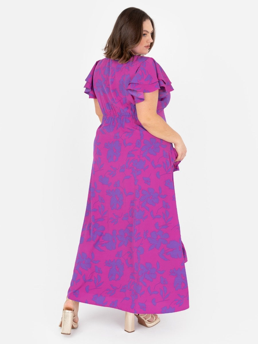 Lovedrobe Purple Floral V Neck Flutter Sleeve Midaxi Dress