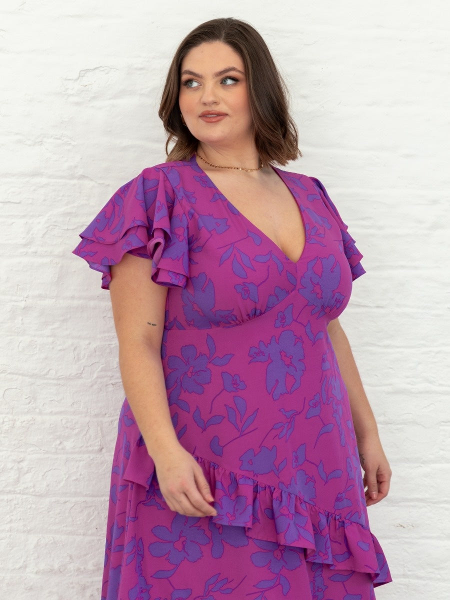 Lovedrobe Purple Floral V Neck Flutter Sleeve Midaxi Dress