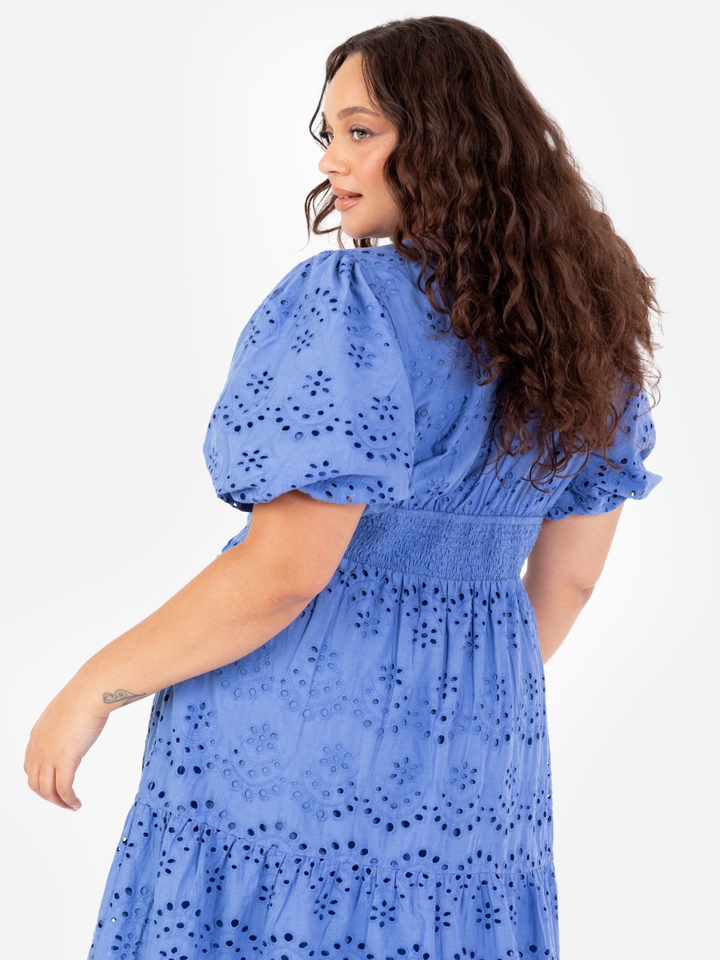Lovedrobe Blue Broderie Puff Sleeve Tiered Midi Dress