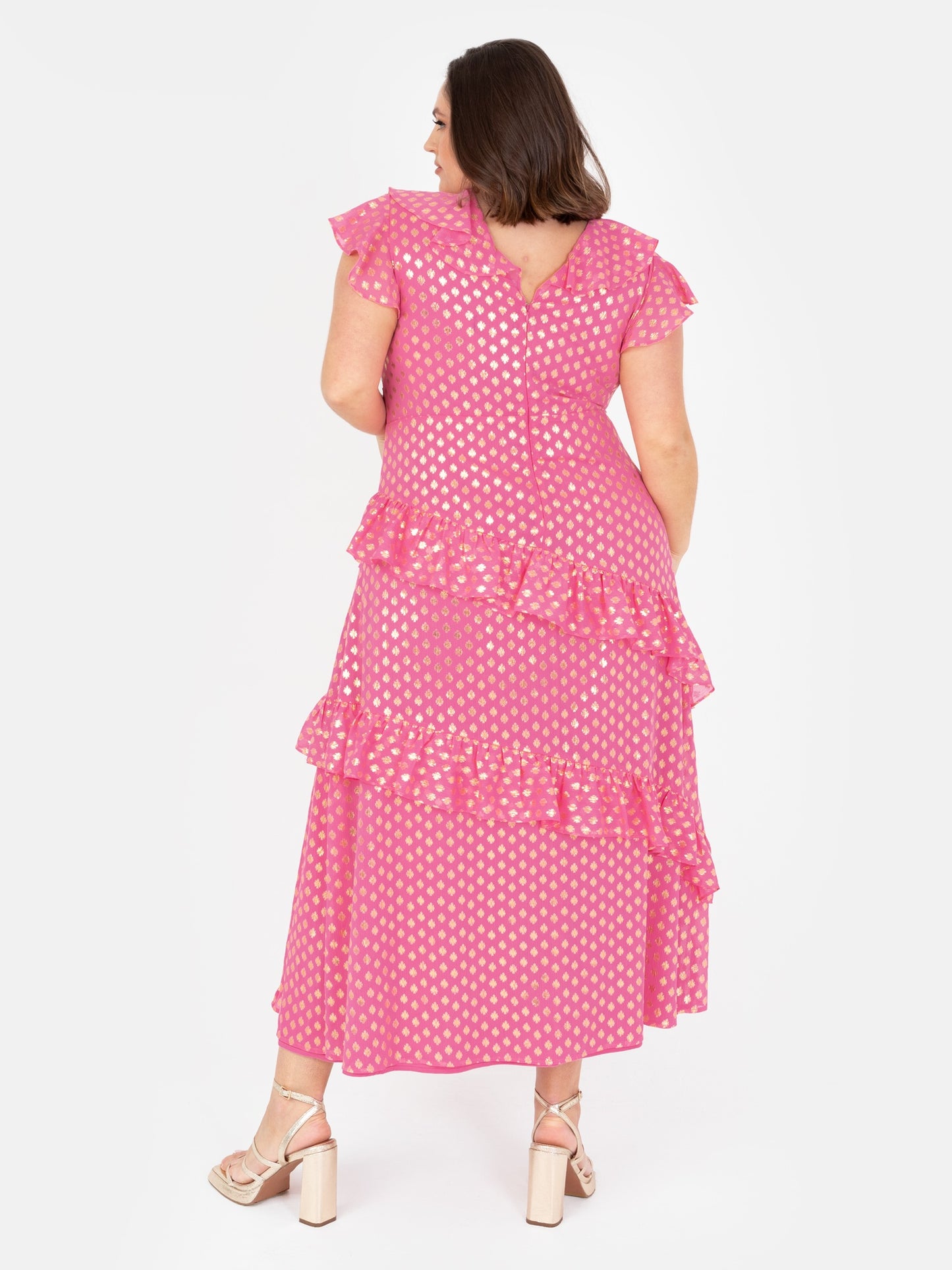 Lovedrobe Pink Flutter Sleeve V Neck Ruffled Midaxi Dress with Gold Detail