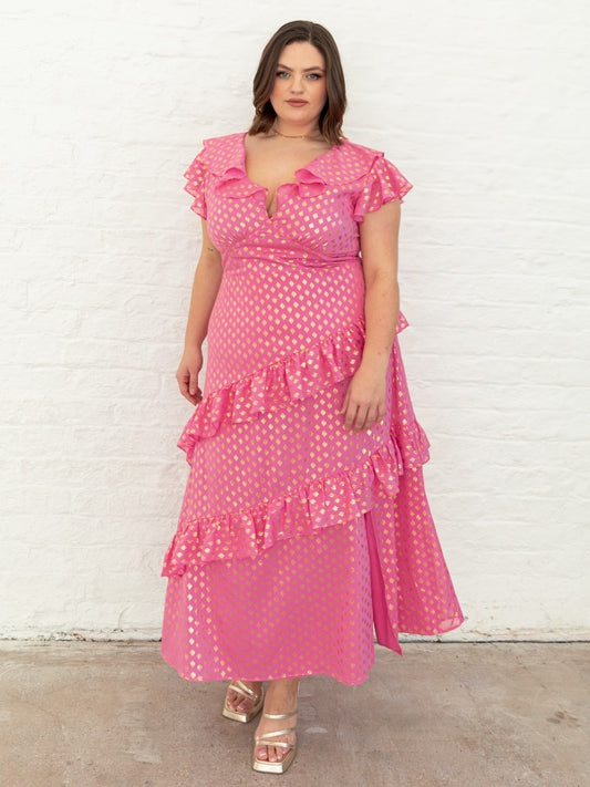 Lovedrobe Pink Flutter Sleeve V Neck Ruffled Midaxi Dress with Gold Detail