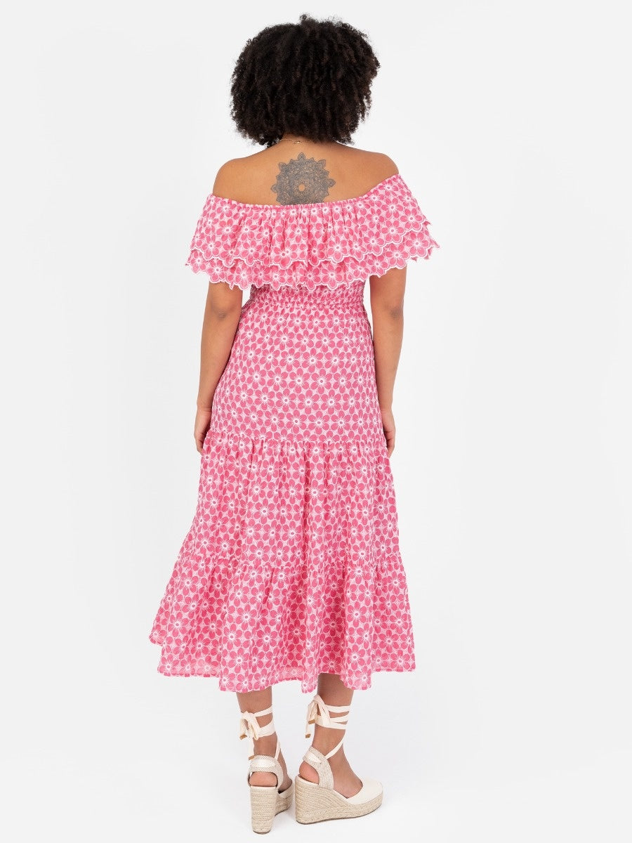 Lovedrobe Floral Embroidery Bardot Neck Pink Midi Dress