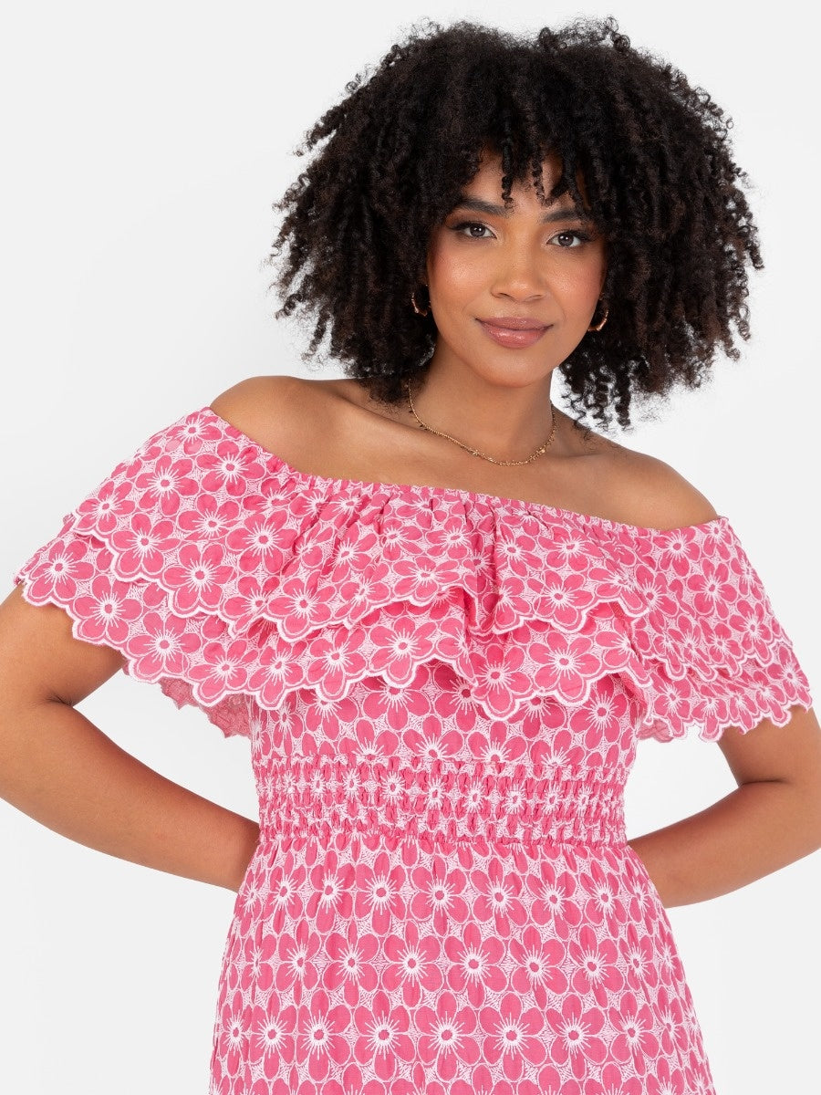 Lovedrobe Floral Embroidery Bardot Neck Pink Midi Dress