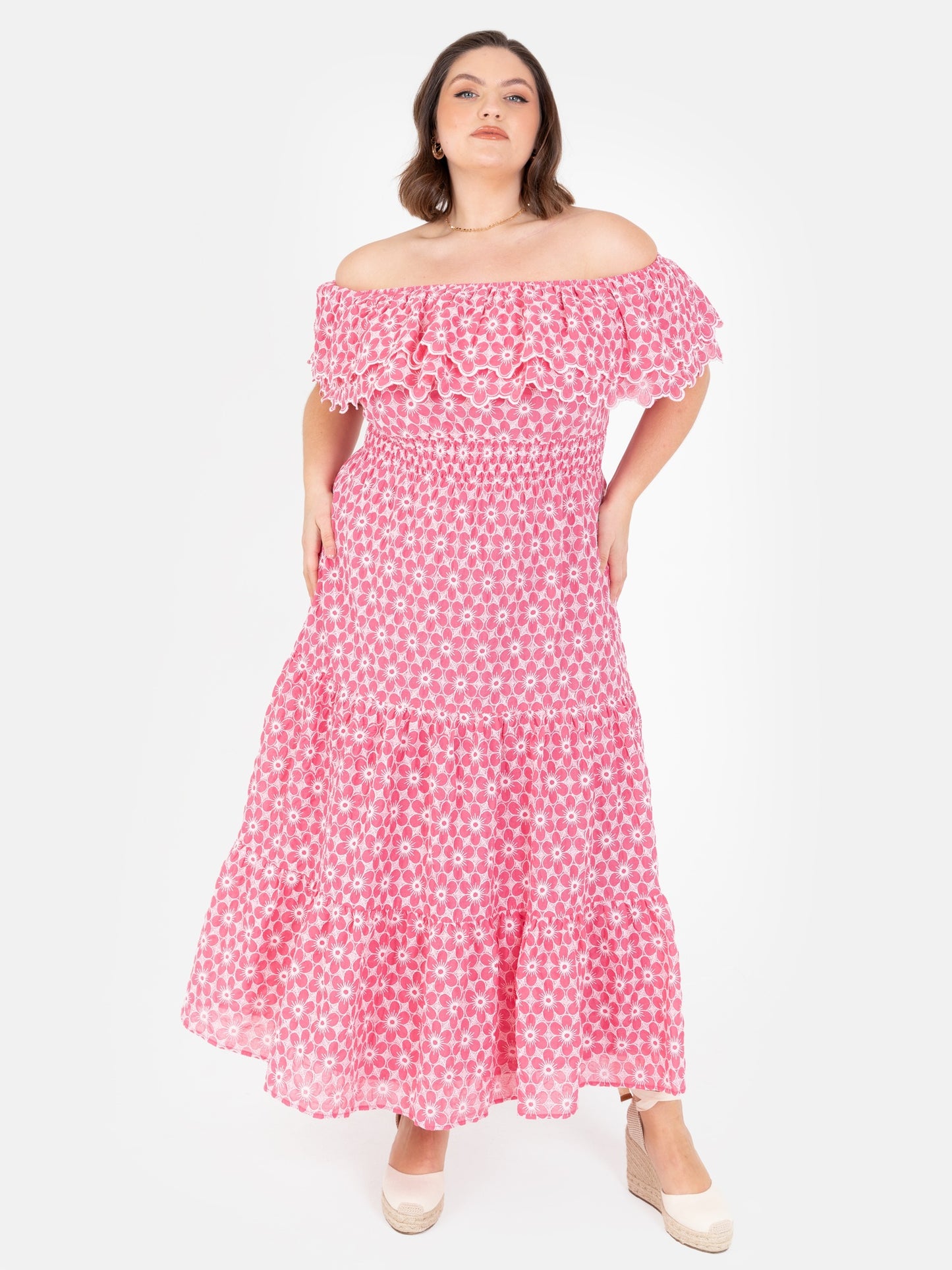 Lovedrobe Floral Embroidery Bardot Neck Pink Midi Dress