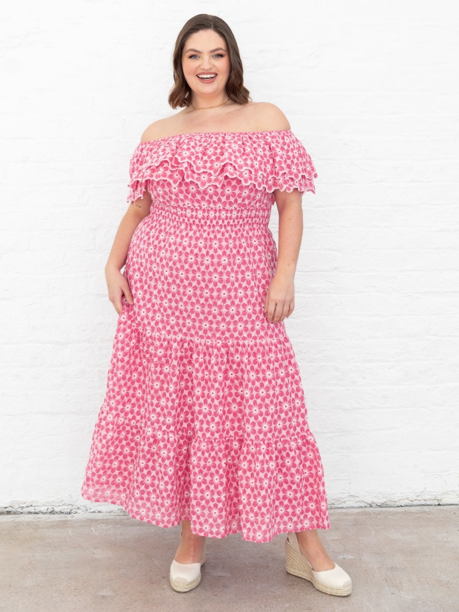 Lovedrobe Floral Embroidery Bardot Neck Pink Midi Dress