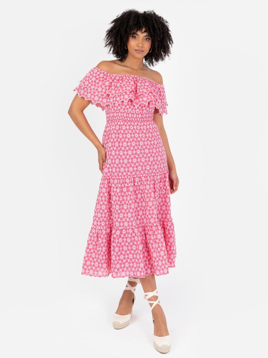 Lovedrobe Floral Embroidery Bardot Neck Pink Midi Dress