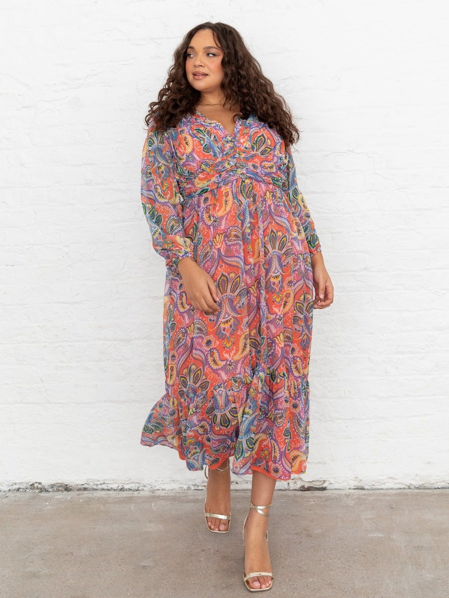 Lovedrobe Paisley V Neck Maxi Sleeve Midaxi Dress