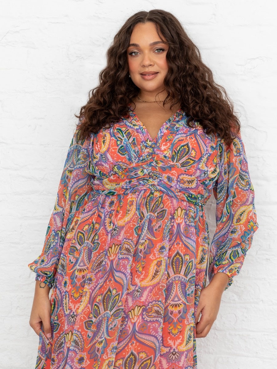 Lovedrobe Paisley V Neck Maxi Sleeve Midaxi Dress