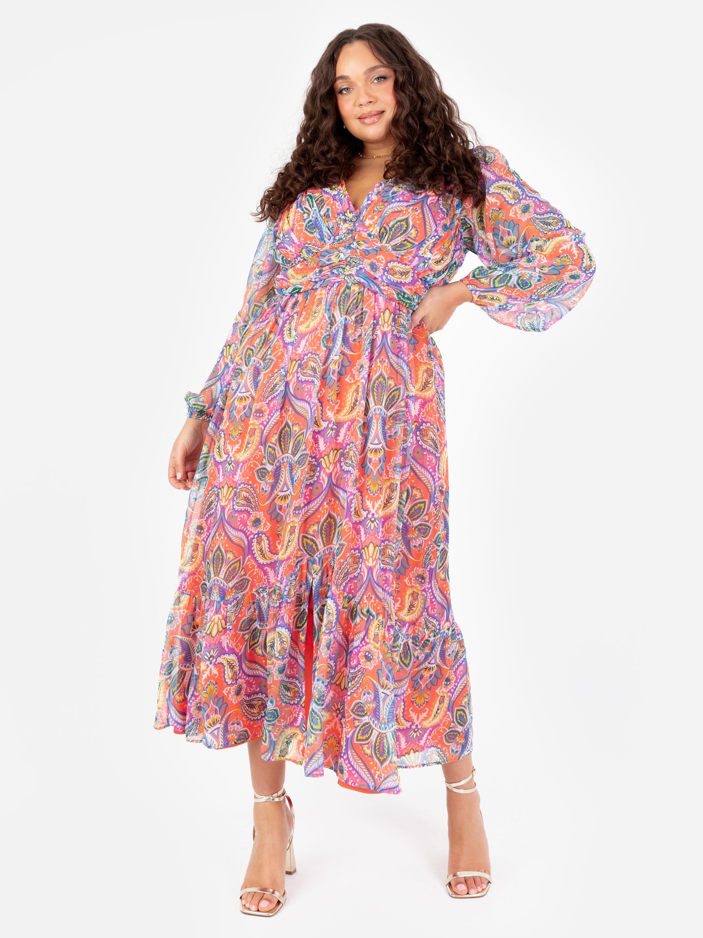 Lovedrobe Paisley V Neck Maxi Sleeve Midaxi Dress