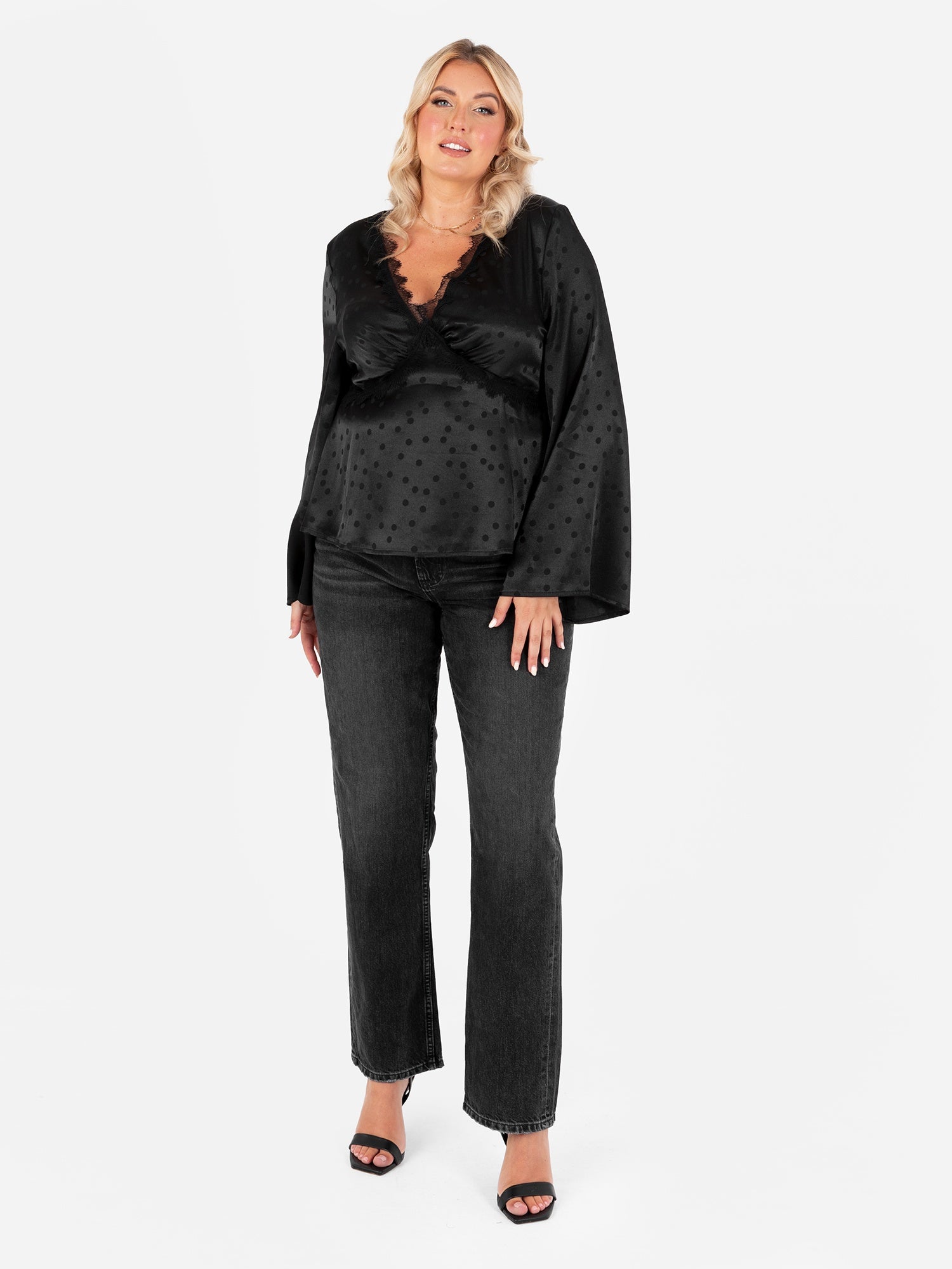 Lovedrobe Polka Dot Maxi Sleeve Satin Top