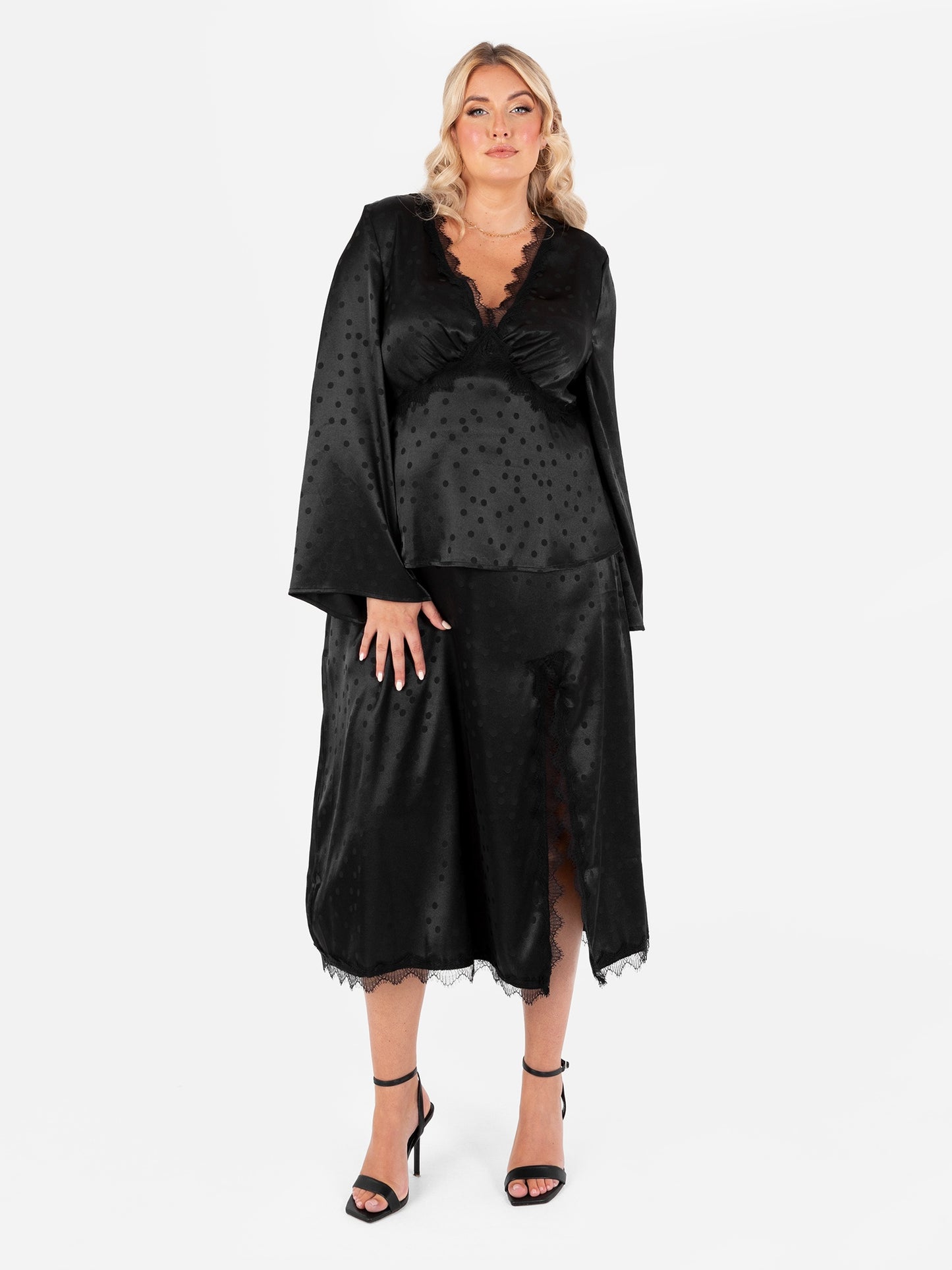 Lovedrobe Black Polka Dot Maxi Sleeve Satin Top