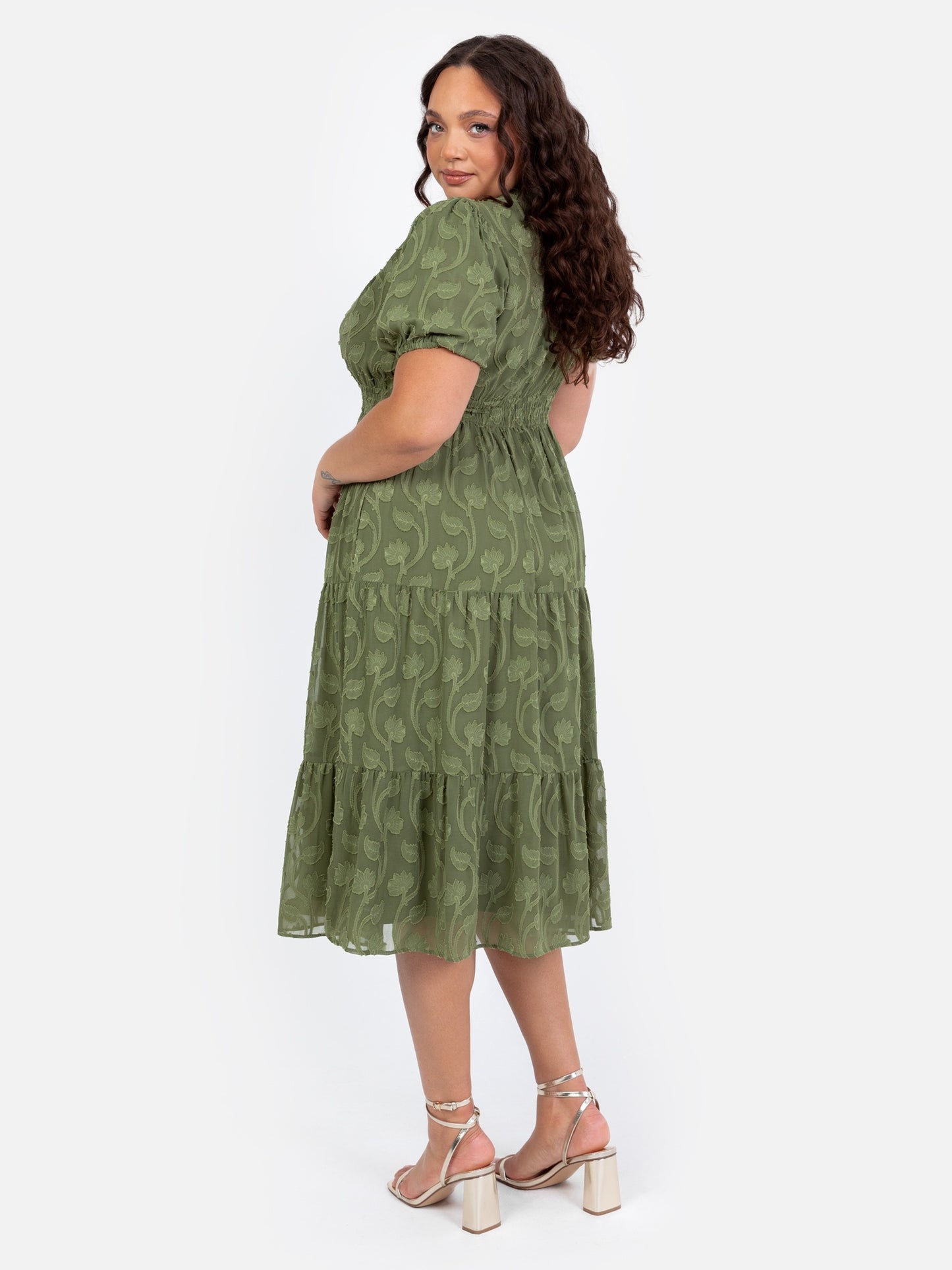 Lovedrobe Khaki Short Sleeve Floral Burnout Midi Dress